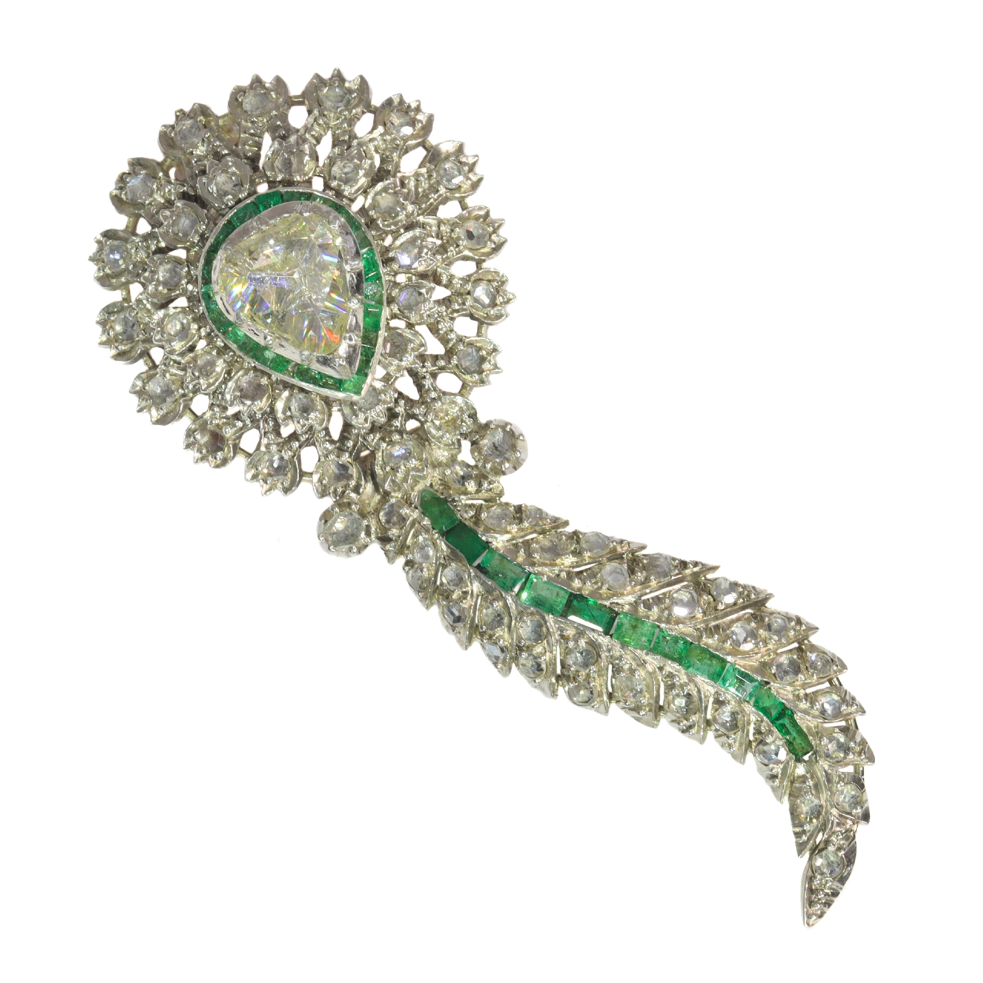 Antique brooch with large pear shaped rose cut diamond and set with many rose cut diamonds and carre cut emeralds